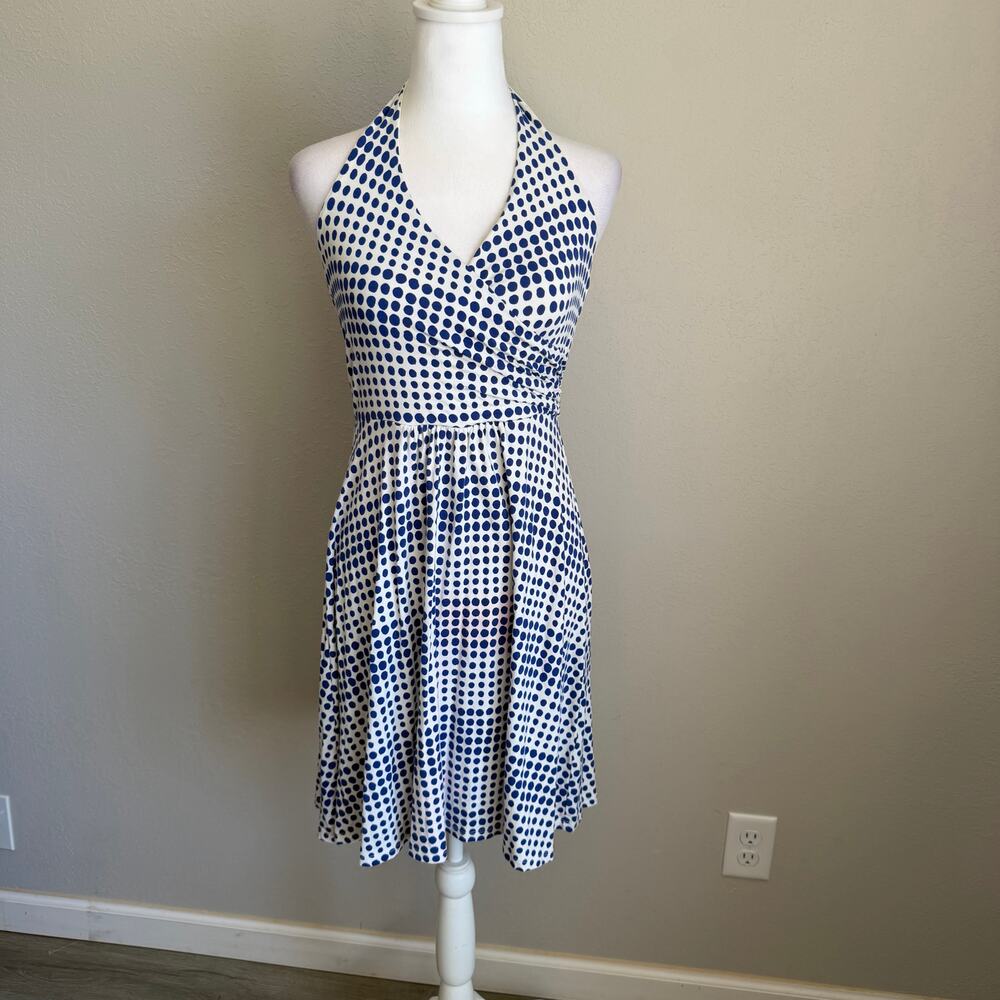 Boden St. Lucia White Blue Polka Dot Halter Mini Dress Womens 6P Pretty Summer